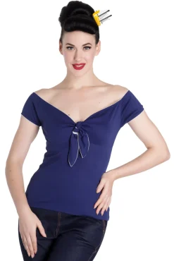 Hell Bunny Bardot Top Navy Clearance