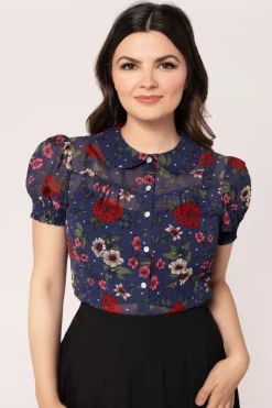 Hell Bunny Camellia Blouse Blue Clearance