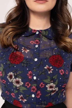 Hell Bunny Camellia Blouse Blue Clearance