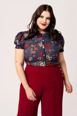 Hell Bunny Camellia Blouse Blue Clearance