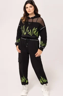 Hell Bunny Flames Hoodie Black/Green Outlet