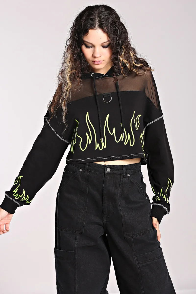 Hell Bunny Flames Hoodie Black/Green Outlet
