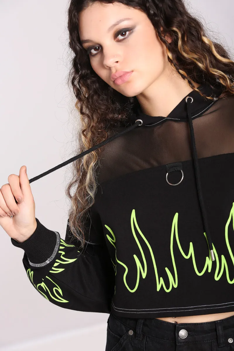 Hell Bunny Flames Hoodie Black/Green Outlet