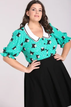 Hell Bunny Love Cats Blouse Green Best