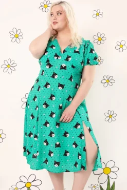 Hell Bunny Love Cats Midi Dress Green Sale