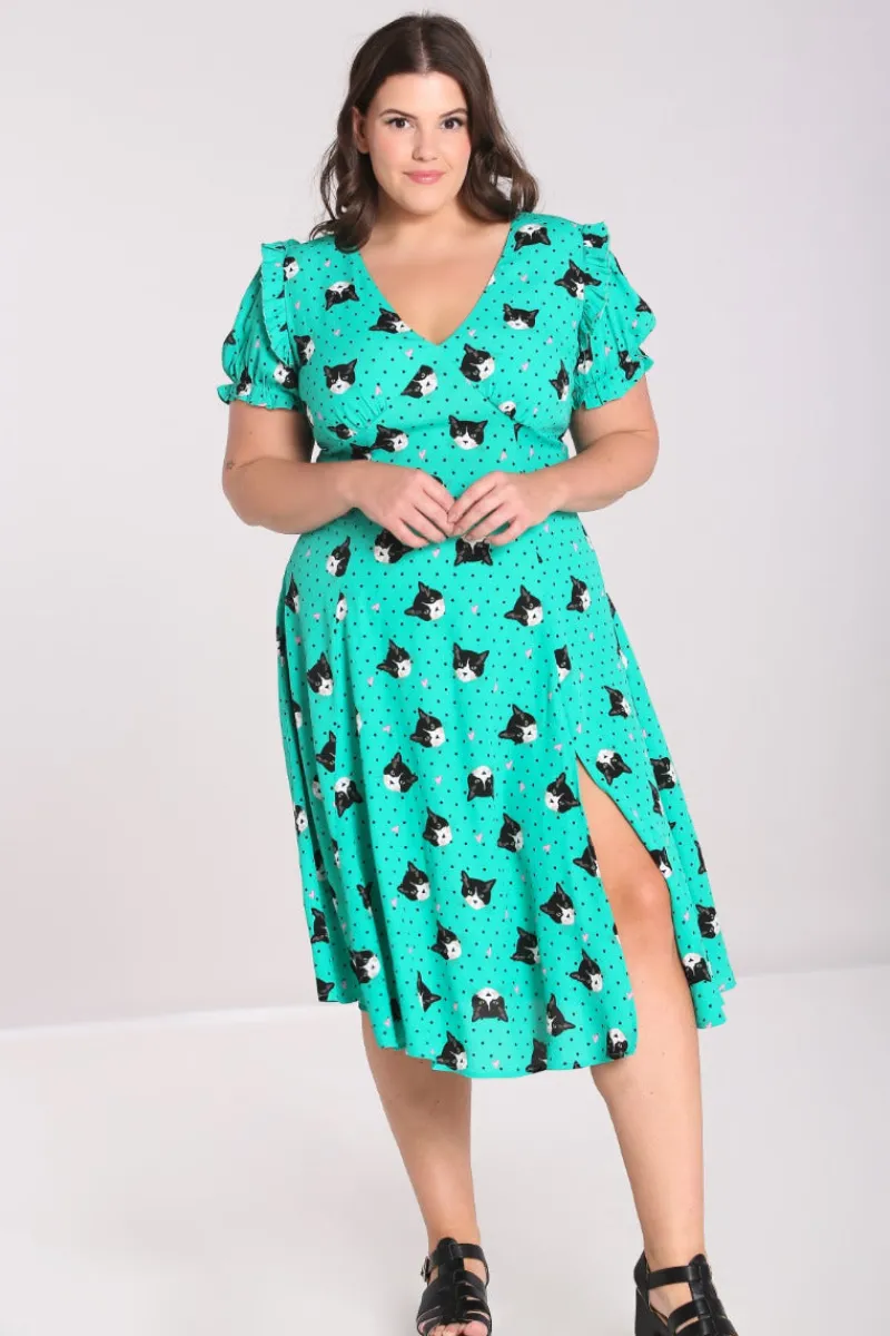 Hell Bunny Love Cats Midi Dress Green Sale