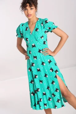Hell Bunny Love Cats Midi Dress Green Sale