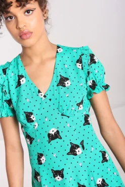 Hell Bunny Love Cats Midi Dress Green Sale