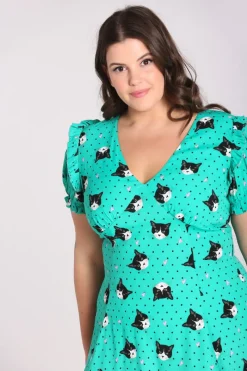Hell Bunny Love Cats Midi Dress Green Sale