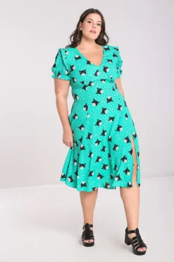 Hell Bunny Love Cats Midi Dress Green Sale