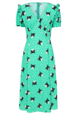 Hell Bunny Love Cats Midi Dress Green Sale