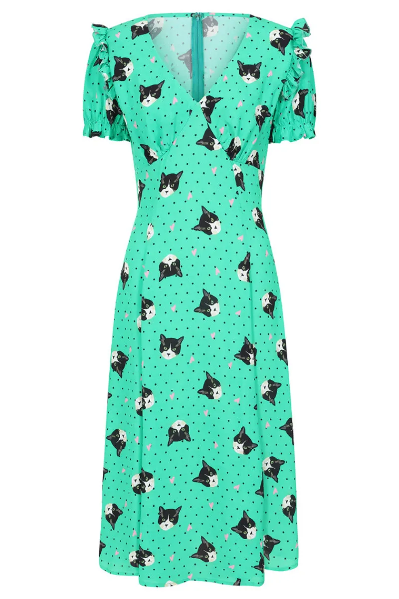 Hell Bunny Love Cats Midi Dress Green Sale