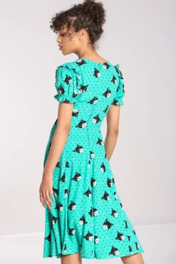 Hell Bunny Love Cats Midi Dress Green Sale