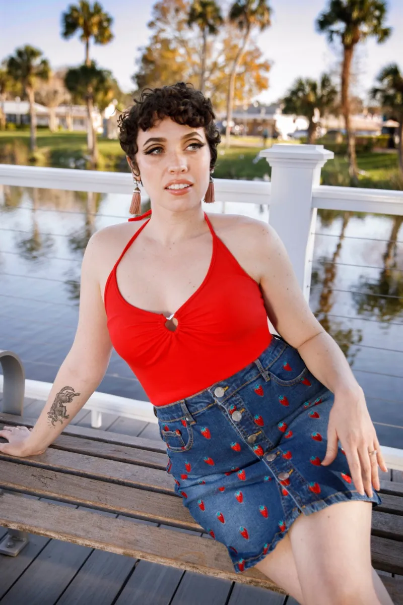 Hell Bunny Strawberry Denim Mini Skirt Blue Discount