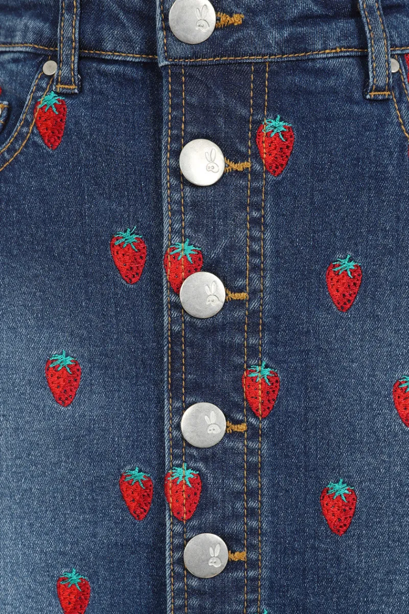 Hell Bunny Strawberry Denim Mini Skirt Blue Discount