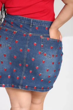 Hell Bunny Strawberry Denim Mini Skirt Blue Discount