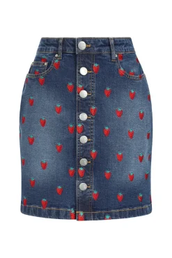 Hell Bunny Strawberry Denim Mini Skirt Blue Discount