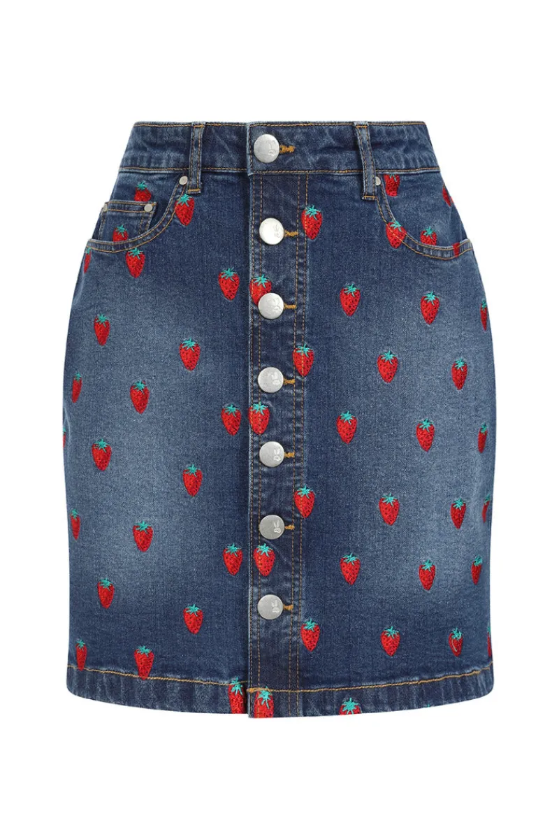 Hell Bunny Strawberry Denim Mini Skirt Blue Discount