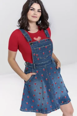Hell Bunny Strawberry Denim Pinafore Dress Blue New