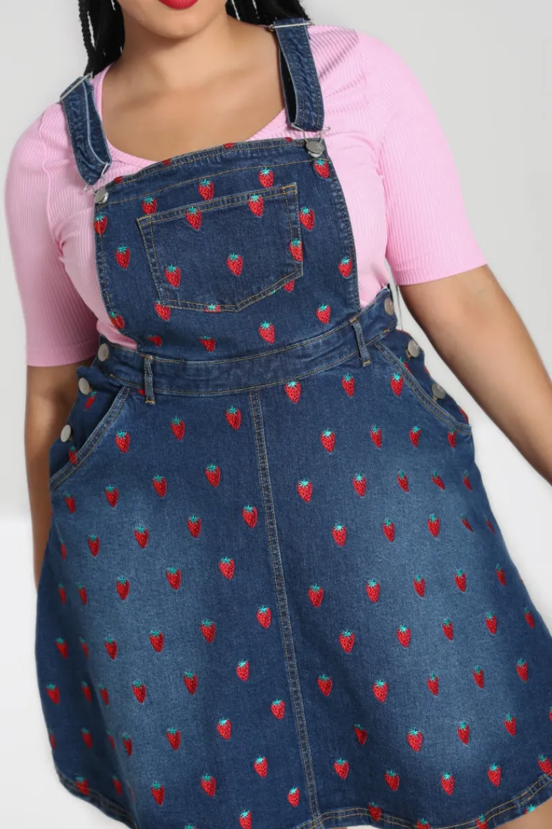 Hell Bunny Strawberry Denim Pinafore Dress Blue New