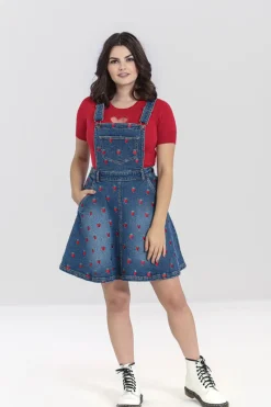 Hell Bunny Strawberry Denim Pinafore Dress Blue New