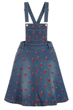 Hell Bunny Strawberry Denim Pinafore Dress Blue New