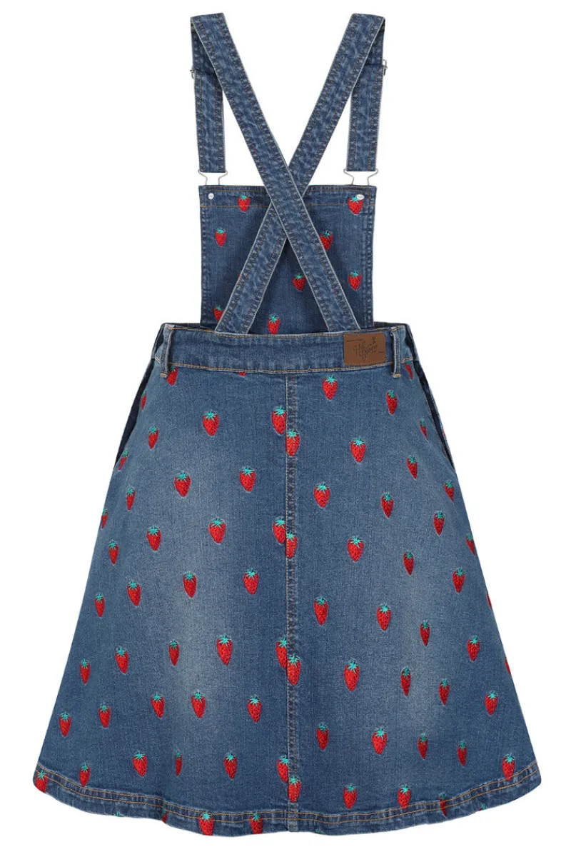 Hell Bunny Strawberry Denim Pinafore Dress Blue New