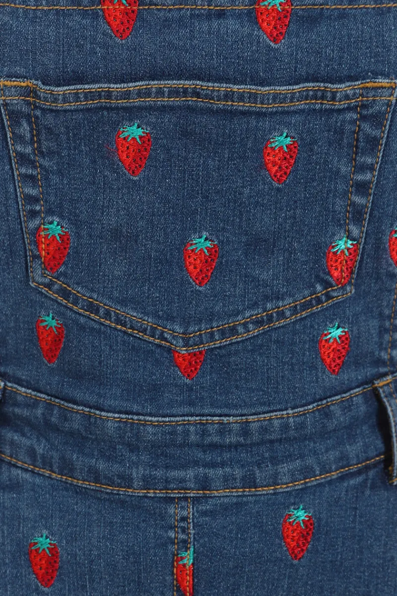Hell Bunny Strawberry Denim Pinafore Dress Blue New