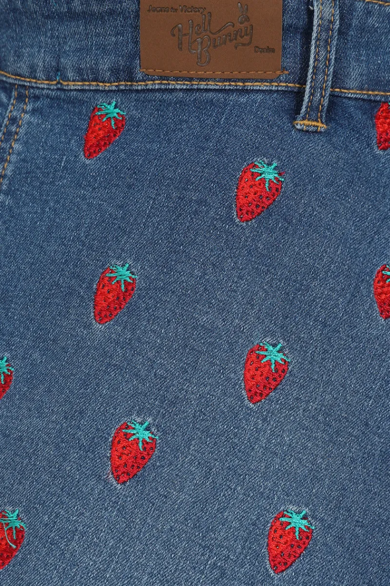 Hell Bunny Strawberry Denim Pinafore Dress Blue New