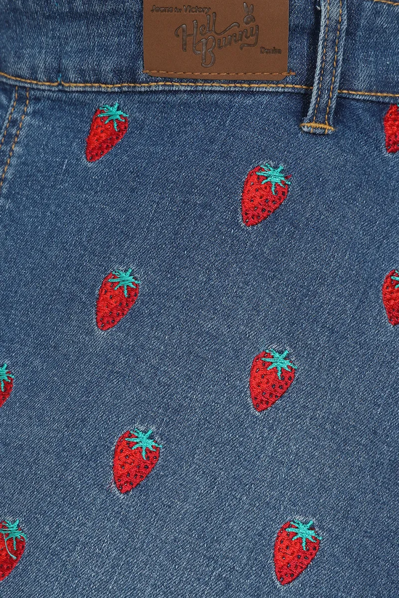 Hell Bunny Strawberry Denim Pinafore Dress Blue New