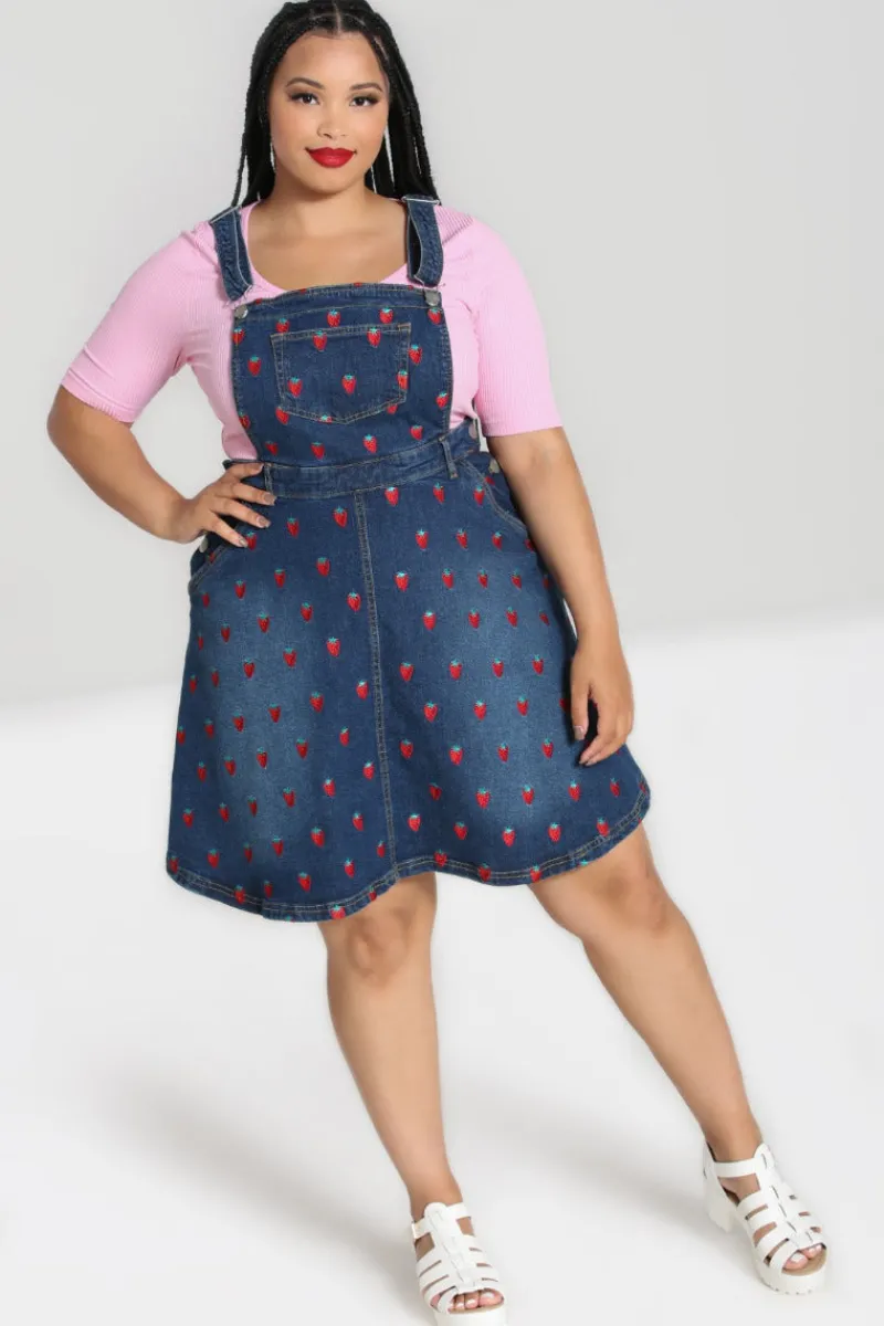 Hell Bunny Strawberry Denim Pinafore Dress Blue New