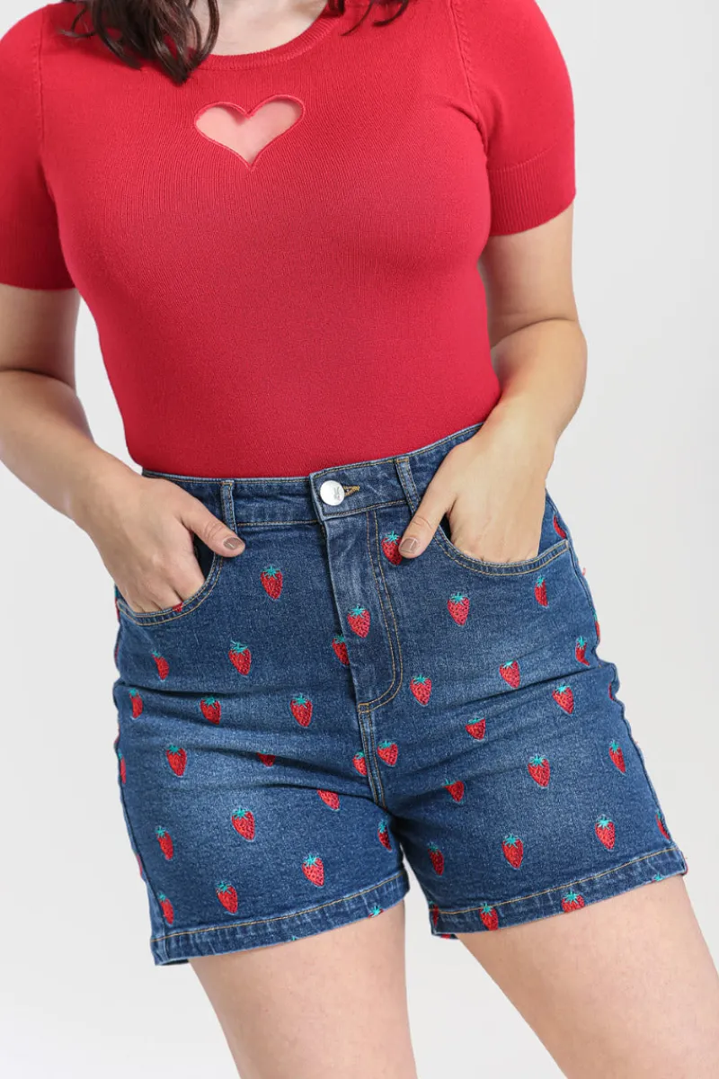 Hell Bunny Strawberry Denim Shorts Blue Hot