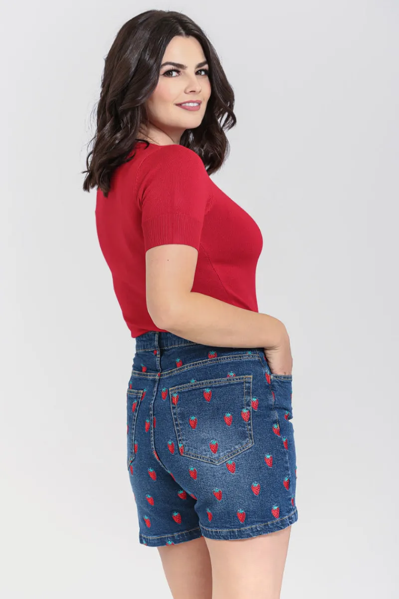 Hell Bunny Strawberry Denim Shorts Blue Hot