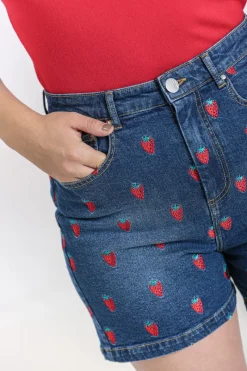 Hell Bunny Strawberry Denim Shorts Blue Hot