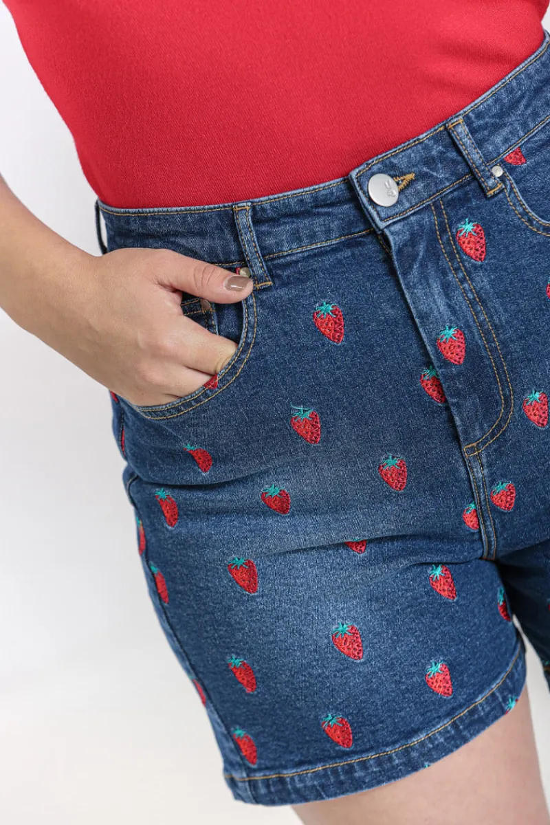 Hell Bunny Strawberry Denim Shorts Blue Hot