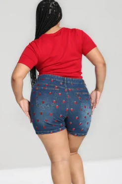 Hell Bunny Strawberry Denim Shorts Blue Hot