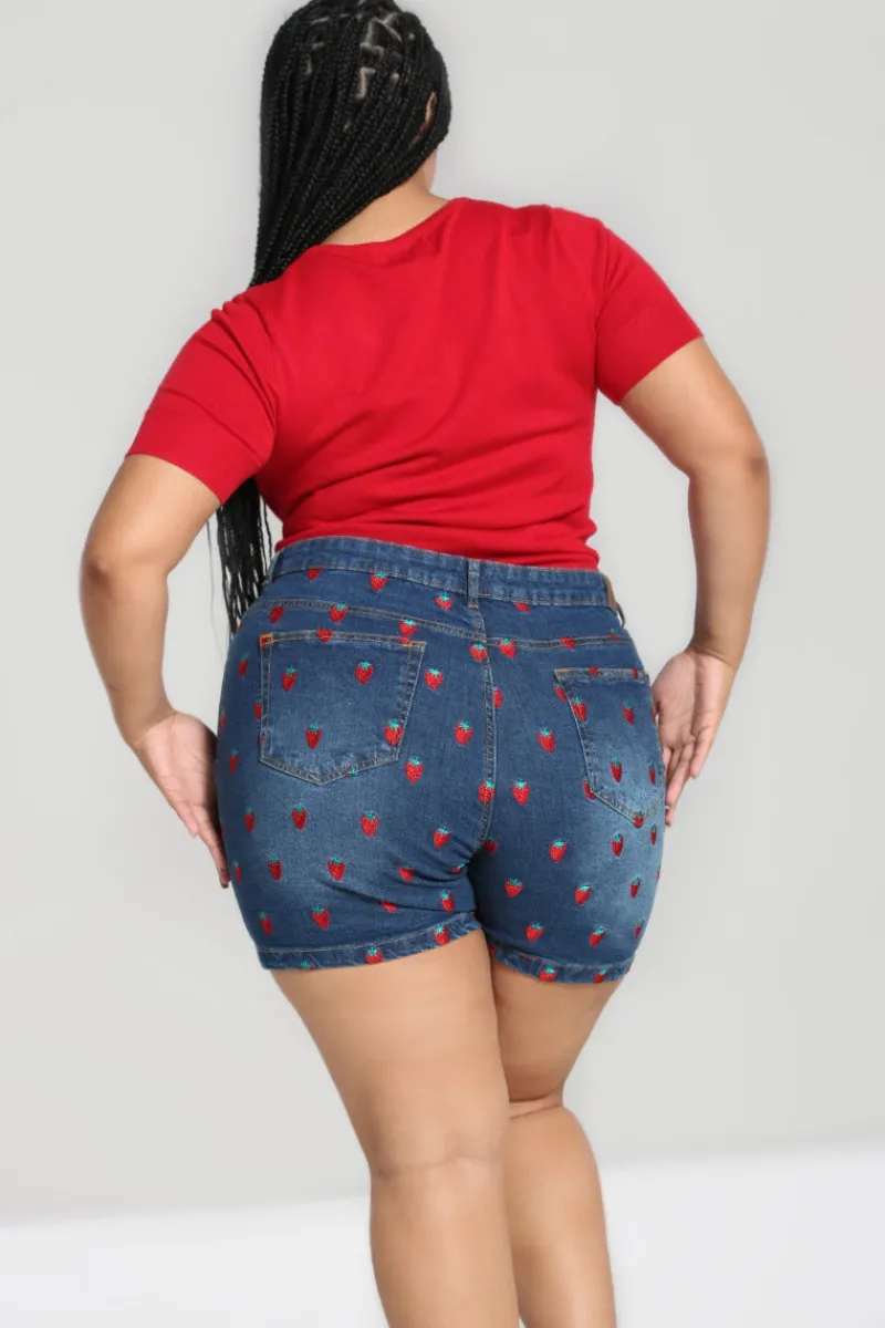 Hell Bunny Strawberry Denim Shorts Blue Hot