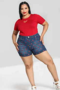 Hell Bunny Strawberry Denim Shorts Blue Hot