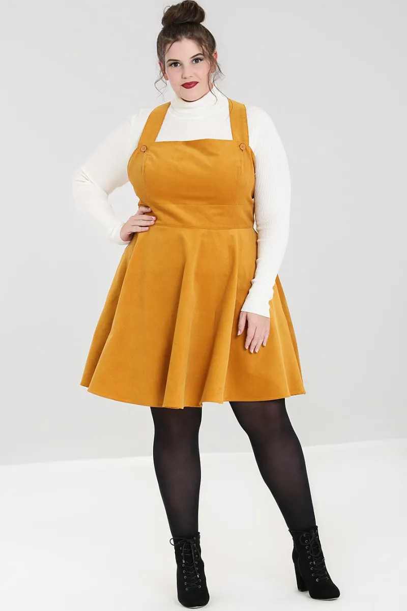 Hell Bunny Wonder Years Pinafore Dress Mustard New
