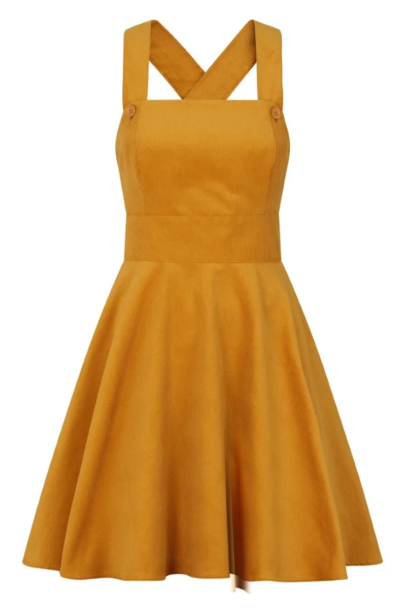 Hell Bunny Wonder Years Pinafore Dress Mustard New